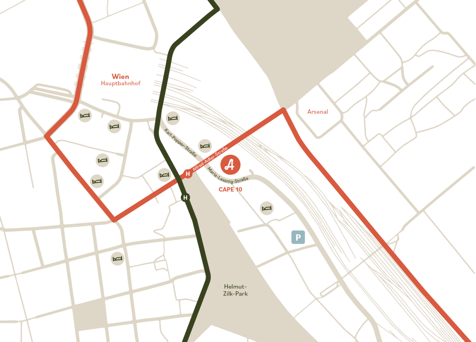 Anfahrtsplan: CAPE 10, Straßenbahn D, Bus 69A, Parkgarage